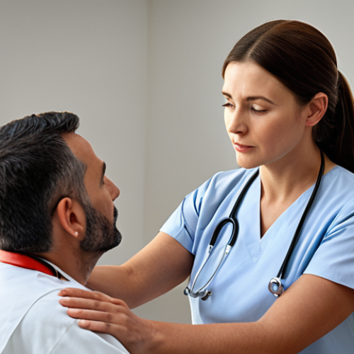 Home 11 ** A comforting nurse attentively listening to a patient in a rehabilitation setting, showing empathy and support. Focus on the warm, human connection.
**