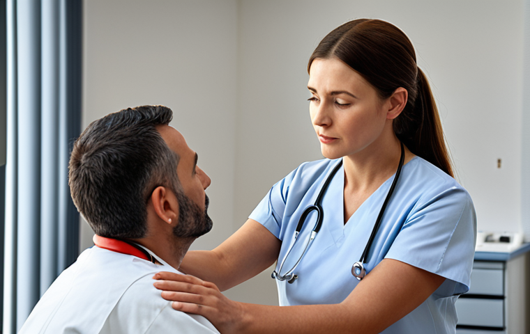 ** A comforting nurse attentively listening to a patient in a rehabilitation setting, showing empathy and support. Focus on the warm, human connection.
**