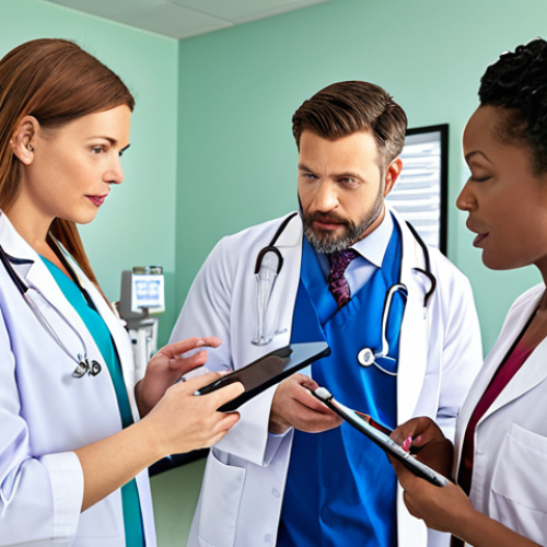 Home 6 **Image Prompt:** A diverse team of healthcare professionals (doctor, nurse, pharmacist) in a brightly lit hospital room, collaboratively reviewing patient data on a digital dashboard. The scene emphasizes communication and shared decision-making. Soft, reassuring lighting.