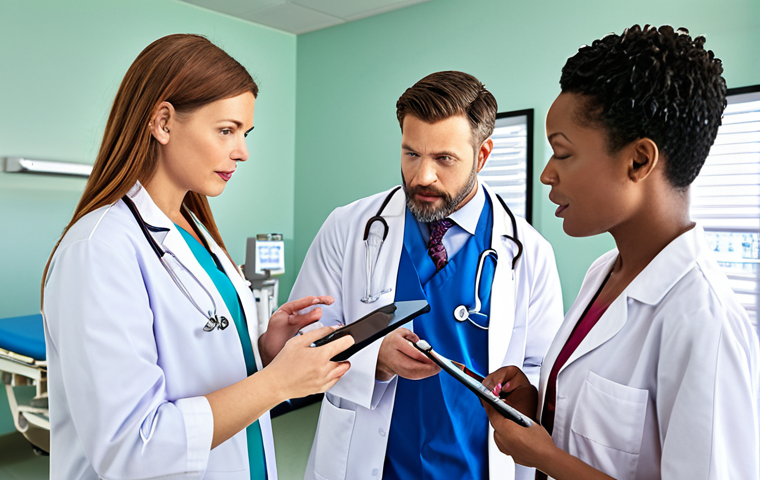 **Image Prompt:** A diverse team of healthcare professionals (doctor, nurse, pharmacist) in a brightly lit hospital room, collaboratively reviewing patient data on a digital dashboard. The scene emphasizes communication and shared decision-making. Soft, reassuring lighting.
