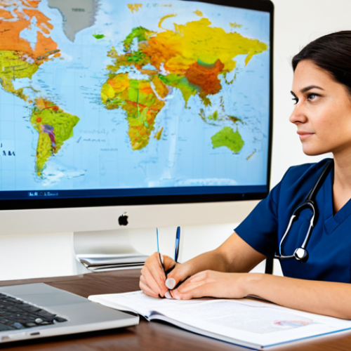 Home 24 A focused professional nurse, fully clothed in a modest, dark blue scrub uniform, sits diligently at a polished wooden desk in a contemporary, brightly lit study room. An open textbook on 'Global Healthcare Standards' is beside a laptop showing a language test interface. A subtle, soft-focus world map hangs on the wall behind her. She is depicted with perfect anatomy, correct proportions, a natural pose, and well-formed hands. This is a professional, high-quality photograph, safe for work, appropriate content, and family-friendly.