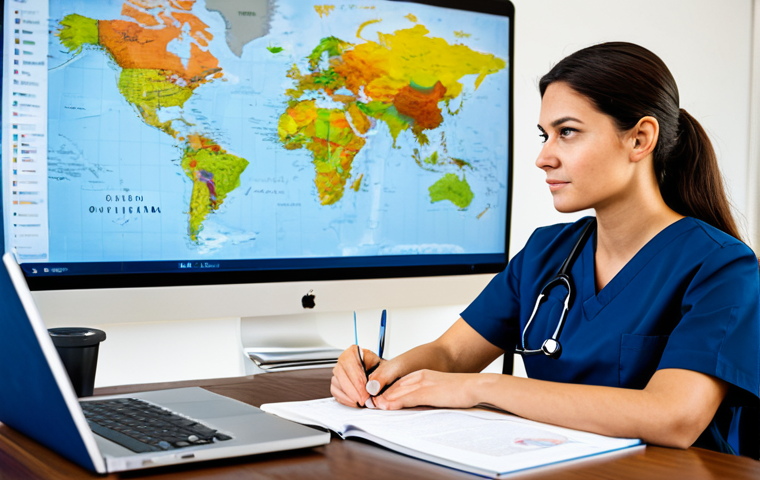 A focused professional nurse, fully clothed in a modest, dark blue scrub uniform, sits diligently at a polished wooden desk in a contemporary, brightly lit study room. An open textbook on 'Global Healthcare Standards' is beside a laptop showing a language test interface. A subtle, soft-focus world map hangs on the wall behind her. She is depicted with perfect anatomy, correct proportions, a natural pose, and well-formed hands. This is a professional, high-quality photograph, safe for work, appropriate content, and family-friendly.