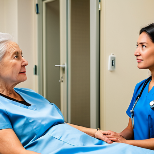 Home 23 A compassionate female nurse, fully clothed in a modest professional scrub uniform, stands attentively beside an older female patient who is comfortably seated in appropriate attire in a bright, clean hospital room. The nurse is observing the patient with an empathetic expression, subtly noting non-verbal cues, emphasizing active listening and patient-centered care. The scene highlights the nuanced art of observation in nursing. Perfect anatomy, correct proportions, natural pose, well-formed hands, proper finger count, natural body proportions. Professional photography, high quality, soft lighting, safe for work, appropriate content, family-friendly.