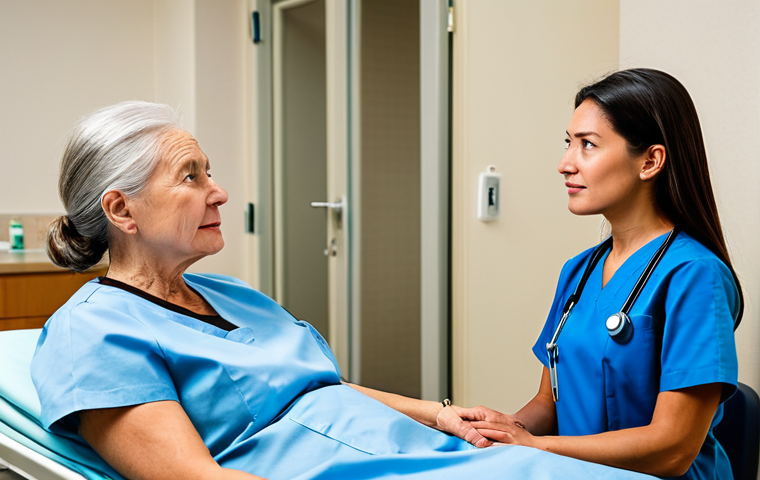 A compassionate female nurse, fully clothed in a modest professional scrub uniform, stands attentively beside an older female patient who is comfortably seated in appropriate attire in a bright, clean hospital room. The nurse is observing the patient with an empathetic expression, subtly noting non-verbal cues, emphasizing active listening and patient-centered care. The scene highlights the nuanced art of observation in nursing. Perfect anatomy, correct proportions, natural pose, well-formed hands, proper finger count, natural body proportions. Professional photography, high quality, soft lighting, safe for work, appropriate content, family-friendly.