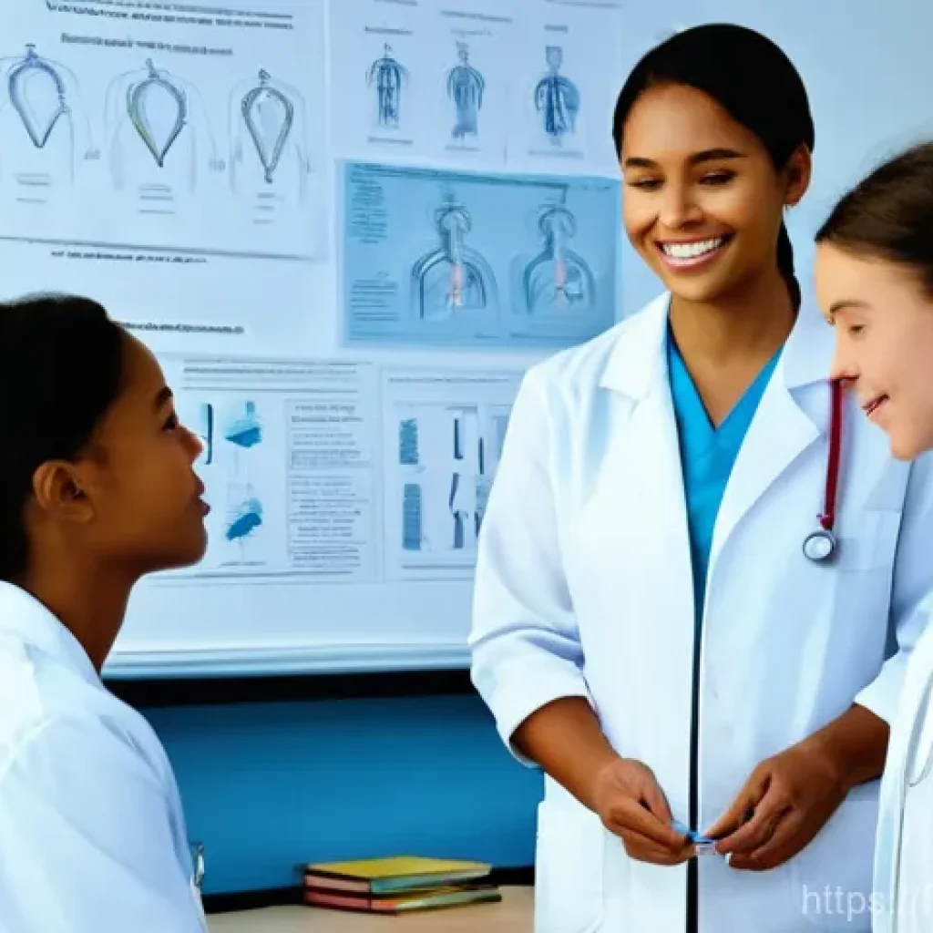 해부 생리학과 간호 - **Prompt:** A diverse group of four young, enthusiastic nursing students, two male and two female, i...