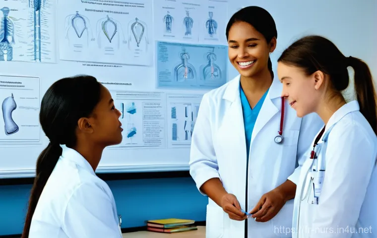 해부 생리학과 간호 - **Prompt:** A diverse group of four young, enthusiastic nursing students, two male and two female, i...