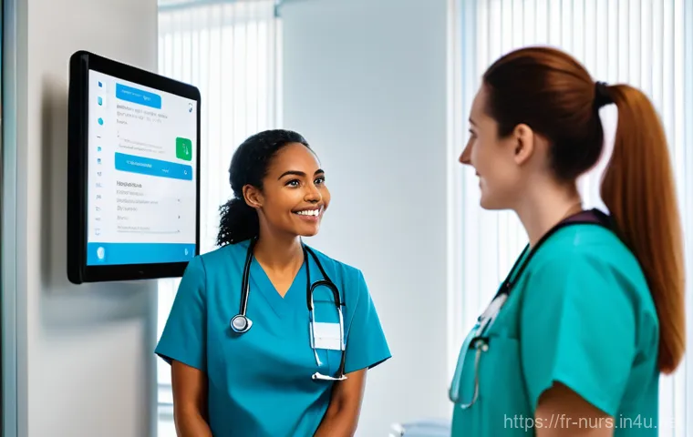 간호 학술지 및 최신 연구 동향 - **Prompt: The Digital Nurse in a Modern French Hospital**
"A vibrant, eye-level shot inside a mo...