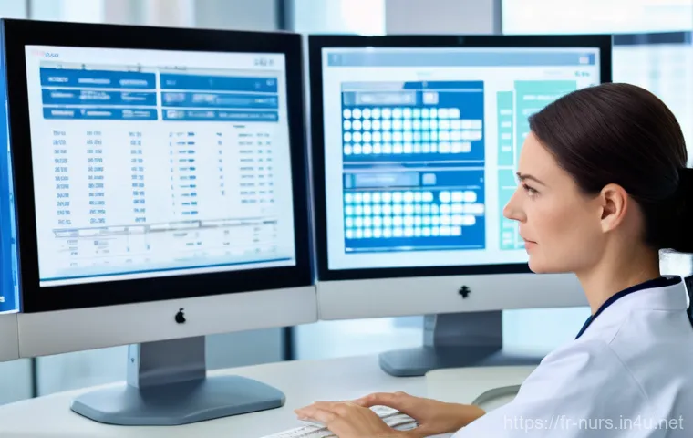 전자 의무 기록 EMR 과 간호 - **A Focused Nurse Mastering Digital Tools:** A determined female nurse, in her late 20s to early 30s...