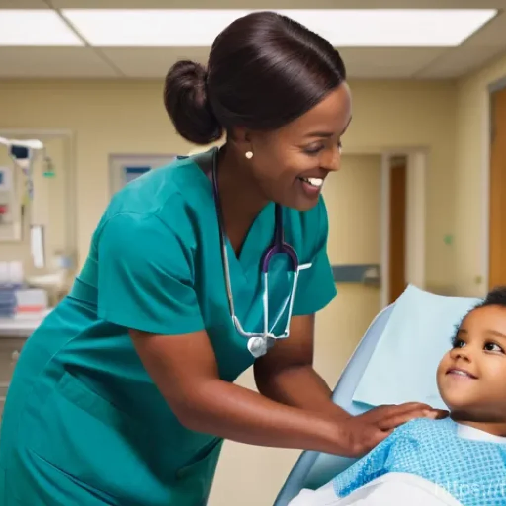간호사의 경력 개발 로드맵 - A dynamic, modern tableau depicting the diverse roles of specialized nurses. In the foreground, a co...
