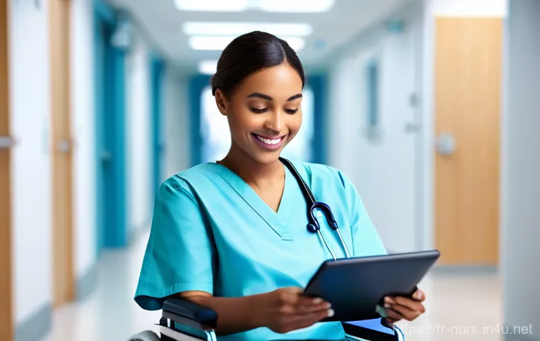 디지털 헬스케어와 간호 - **Prompt 1: The Modern Connected Nurse**
    "A female nurse, appearing to be in her late 20s to mid...