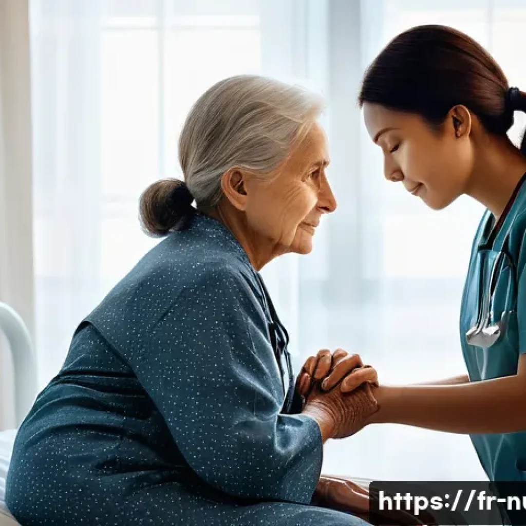 임종 간호 및 사별 지원 - A serene and comforting scene in a well-lit palliative care room. An elderly patient, dressed in com...