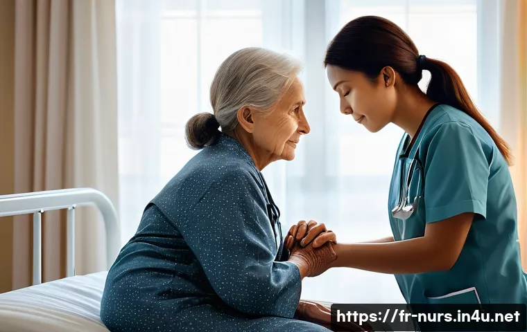 임종 간호 및 사별 지원 - A serene and comforting scene in a well-lit palliative care room. An elderly patient, dressed in com...