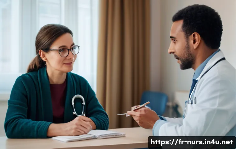 환자 중심 간호 - A compassionate healthcare professional attentively listening to a middle-aged French patient in a c...