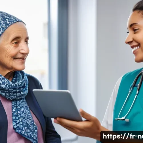 Home 32 국제 간호 및 글로벌 헬스 - A compassionate nurse wearing professional scrubs and a cultural patterned headscarf, gently communi...