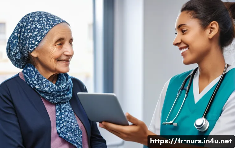 국제 간호 및 글로벌 헬스 - A compassionate nurse wearing professional scrubs and a cultural patterned headscarf, gently communi...