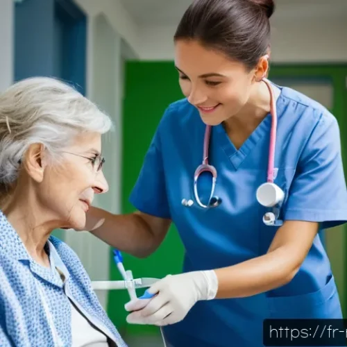 Home 31 노인 간호사 및 요양보호사 차이 - A professional geriatric nurse in a modern French hospital setting, wearing a clean medical uniform ...