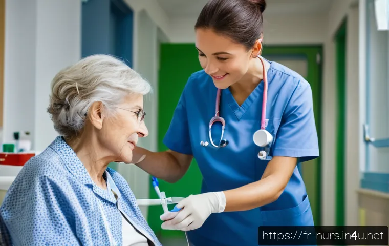 노인 간호사 및 요양보호사 차이 - A professional geriatric nurse in a modern French hospital setting, wearing a clean medical uniform ...