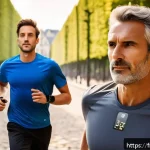 Home 23 만성 질환 관리 - A sleek, modern smartwatch on the wrist of a middle-aged French man jogging in a sunny Paris park, d...