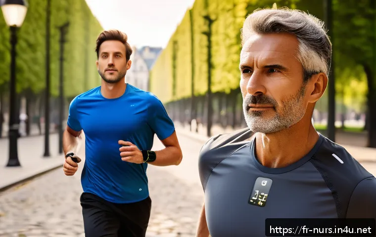 만성 질환 관리 - A sleek, modern smartwatch on the wrist of a middle-aged French man jogging in a sunny Paris park, d...