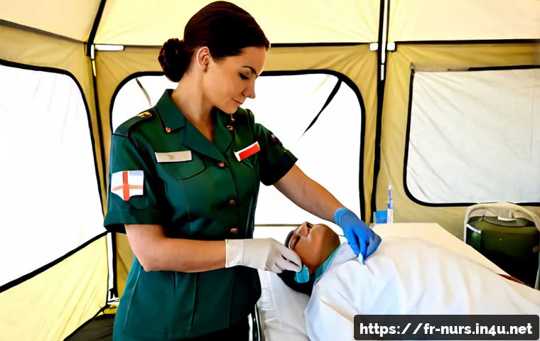 군 간호 및 전시 간호 - Photorealistic French military nurse in modern field uniform with a subtle French tricolor shoulder ...