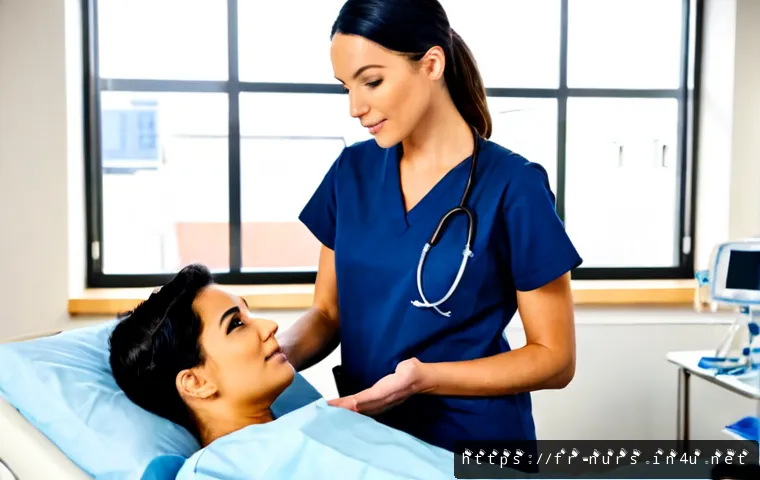병태 생리학과 간호 - Photorealistic French hospital training scene, compassionate nurse in clean navy scrubs explaining a...
